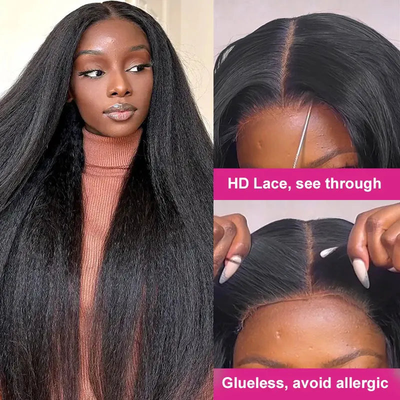 Kinky Straight 13x4 Lace Front Glueless Wig Yaki Straight Glueless Yaki Human Hair Wigs Pre Plucked Brazilian Cheap Closure Wigs