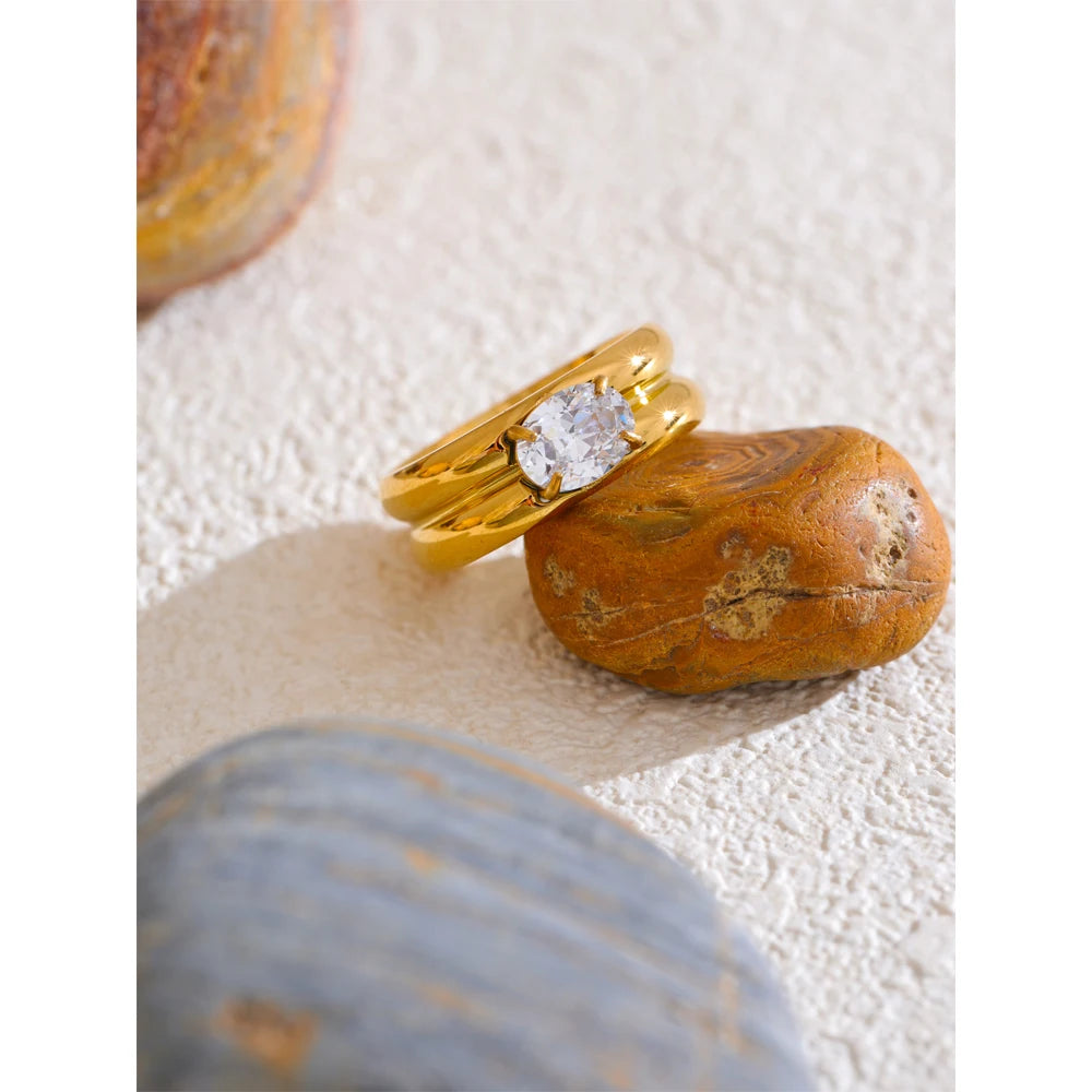 Yhpup 678# Exquisite Stainless Steel Shiny Zirconia Fashion Metal Ring 18K Gold Color PVD Plated High Quality Versatile Jewelry