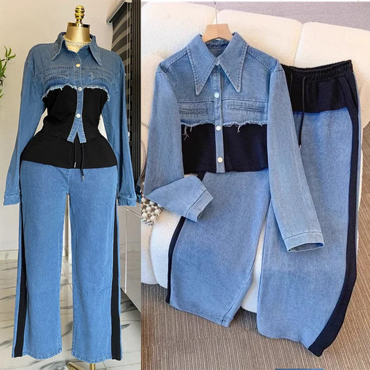 Two Piece Sets Women Pant Set Denim Splice Matching Sets Spring Top Wide Leg Long Pants Casual Loose Lace Up High Waist Jogger