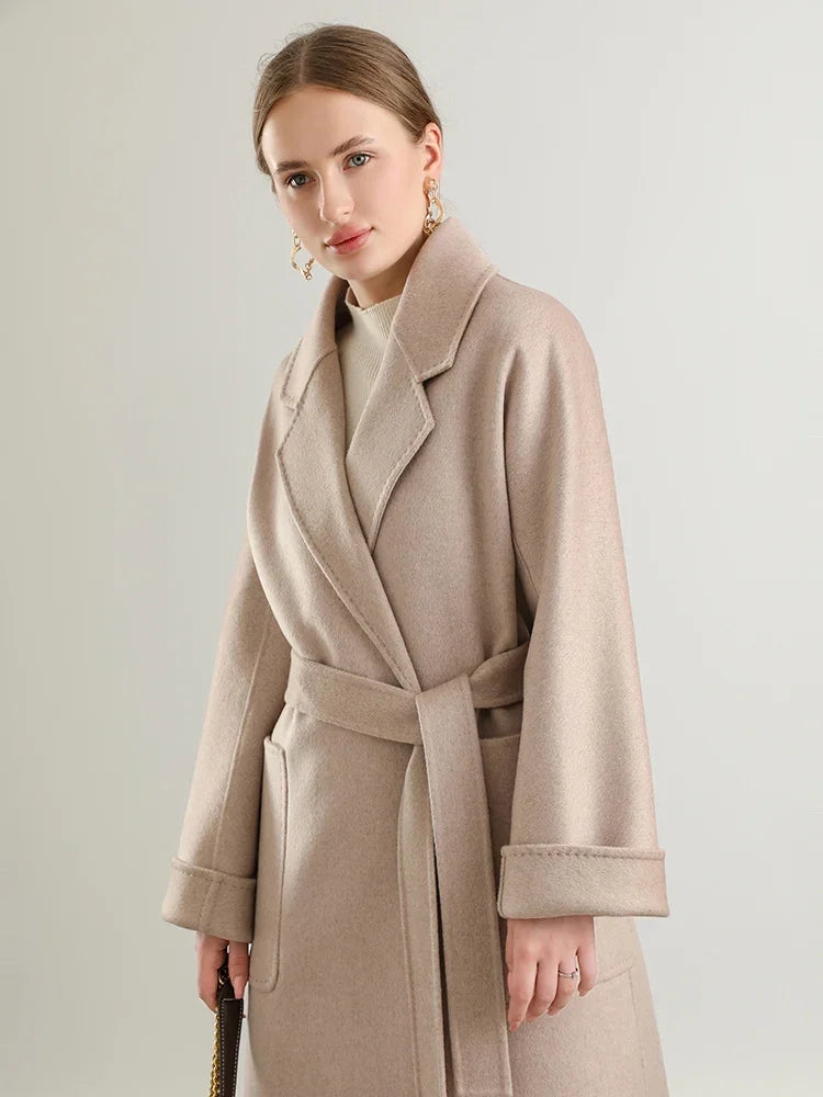 100% Real Wool Long Belt Warp Women Overcoat Classic Model Fall Winter Turn-down Collar Dense Fabric Narrow Notch Lapel Coat #08
