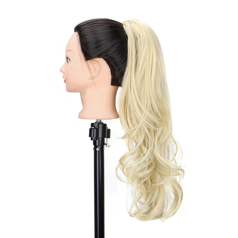Synthetic 22Inch Long Wavy Curly Layered Ponytail Drawstring Clip in Hairpiece Black Blonde Hair for Women