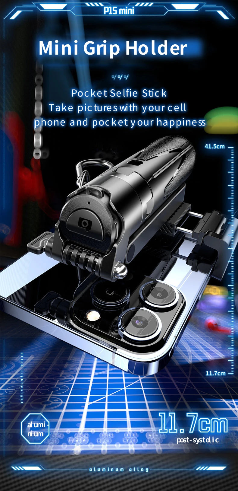 P15Mini Selfie Stick Tripod 3 in 1  Extendable Grip Phone Tripod with Detachable Remote for Vlog Livestreaming Photography