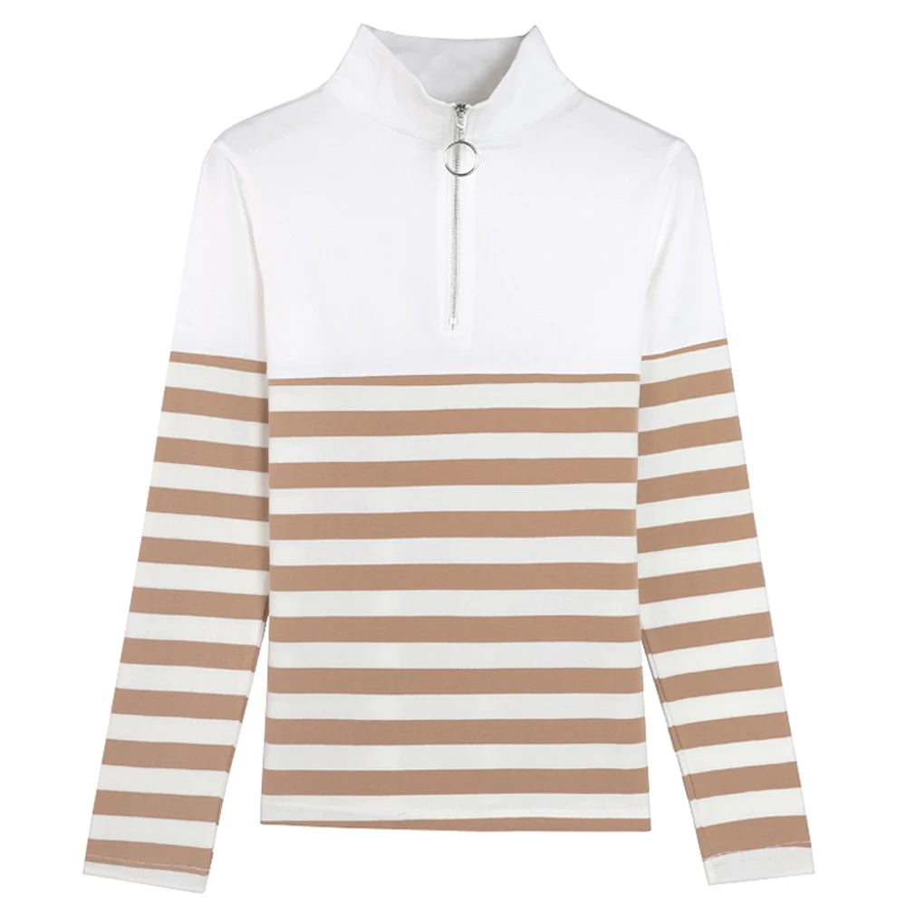 2024Women's Shirt Fashion Top LongSleeve T-shirt Spring and Autumn New Style High end Fashion Polo Collar Stripe Slimming Casual