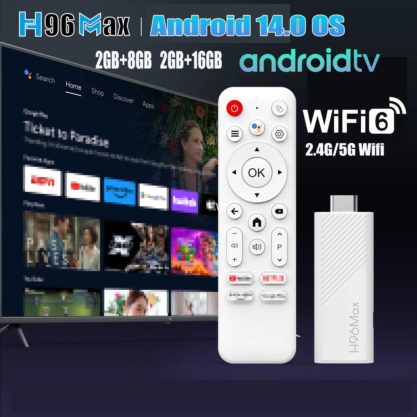 Android 14.0 TV Stick H96 MAX Allwinner H313 with 4K HD 2.4G 5G wifi6 8GB 16GB Voice Remote