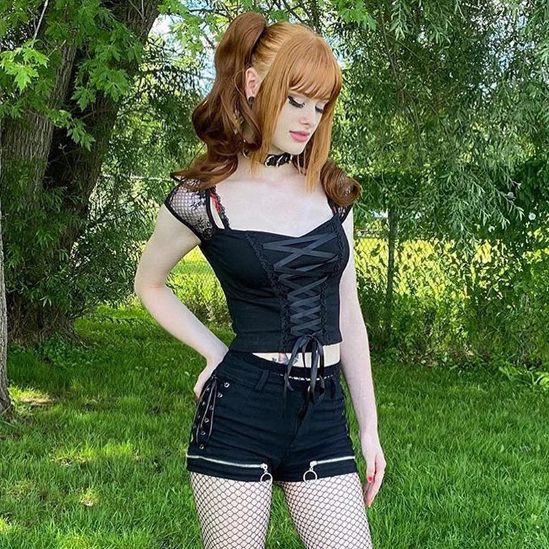 Vintage Tops Goth T-shirt Women Bodycon Bandage Lace Black T-shirts Gothic Streetwear Sexy Female Top Casual Mesh Tee