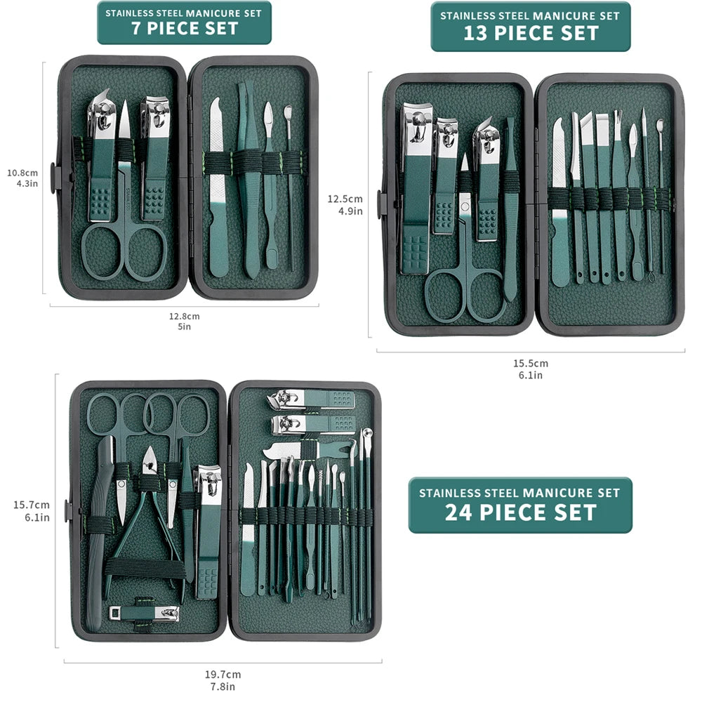 Green 7/13/24 pcs Stainless Steel Nail Cutter and Pedicure Scissors Set - Portable Manicure and Pedicure Tool Nail Clipper Set