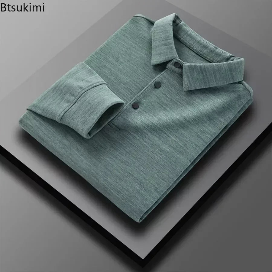 2024 Men's Casual Warm Shirts Tops Solid Autumn Winter Thick Long Sleeve Polo Shirts Male T-Shirt Business Formal Basic Shirts