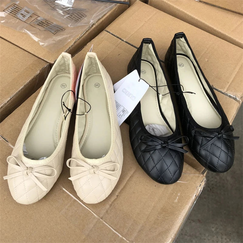 Elegant Bowknot Ballerina Women's Flat Round Toe Comfort Slip-On Ladies Loafers Leather Single Mules Shoes