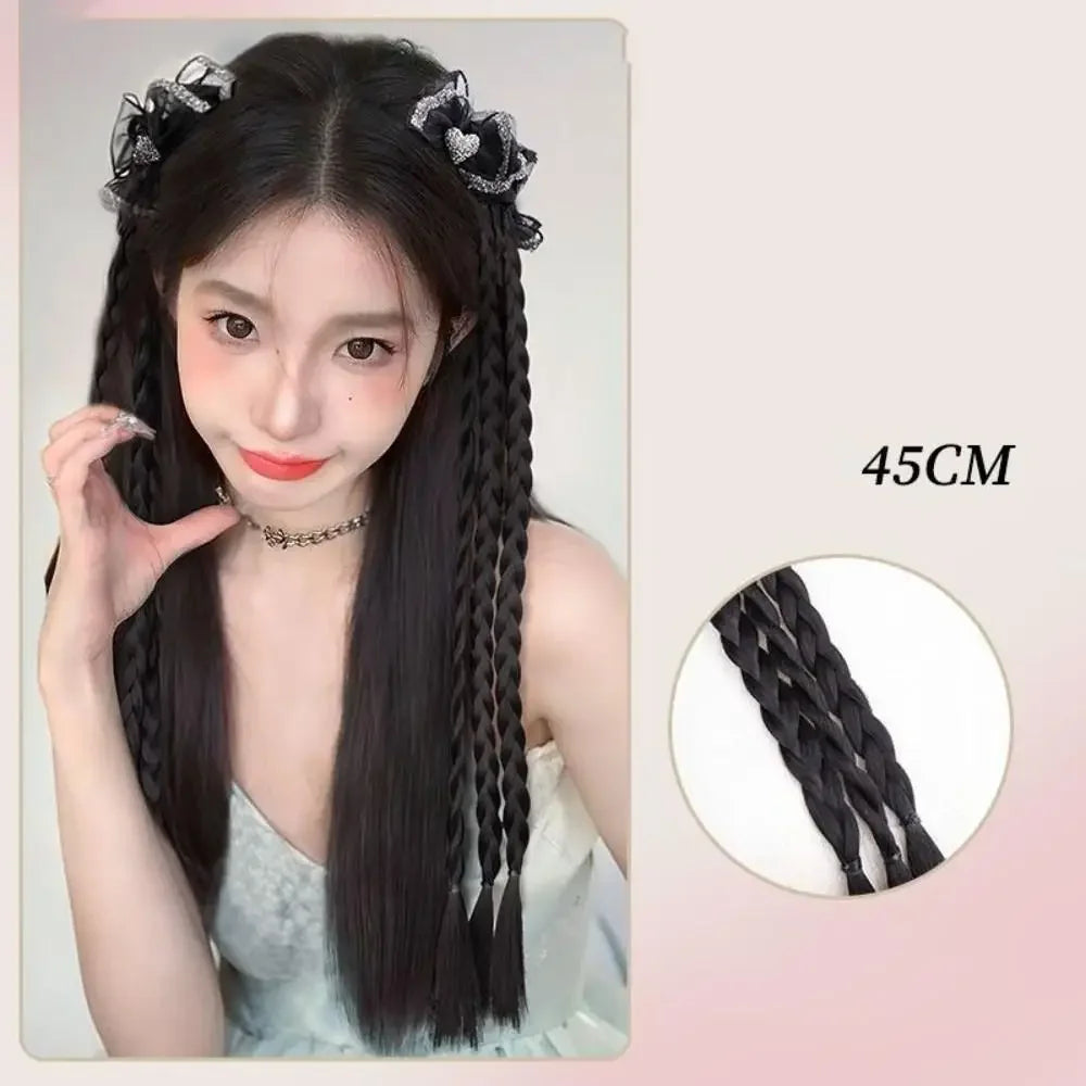 Y2K Girls Bowknot Twisted Braided Synthetic Wig Simulation Double Ponytail Women Extensions