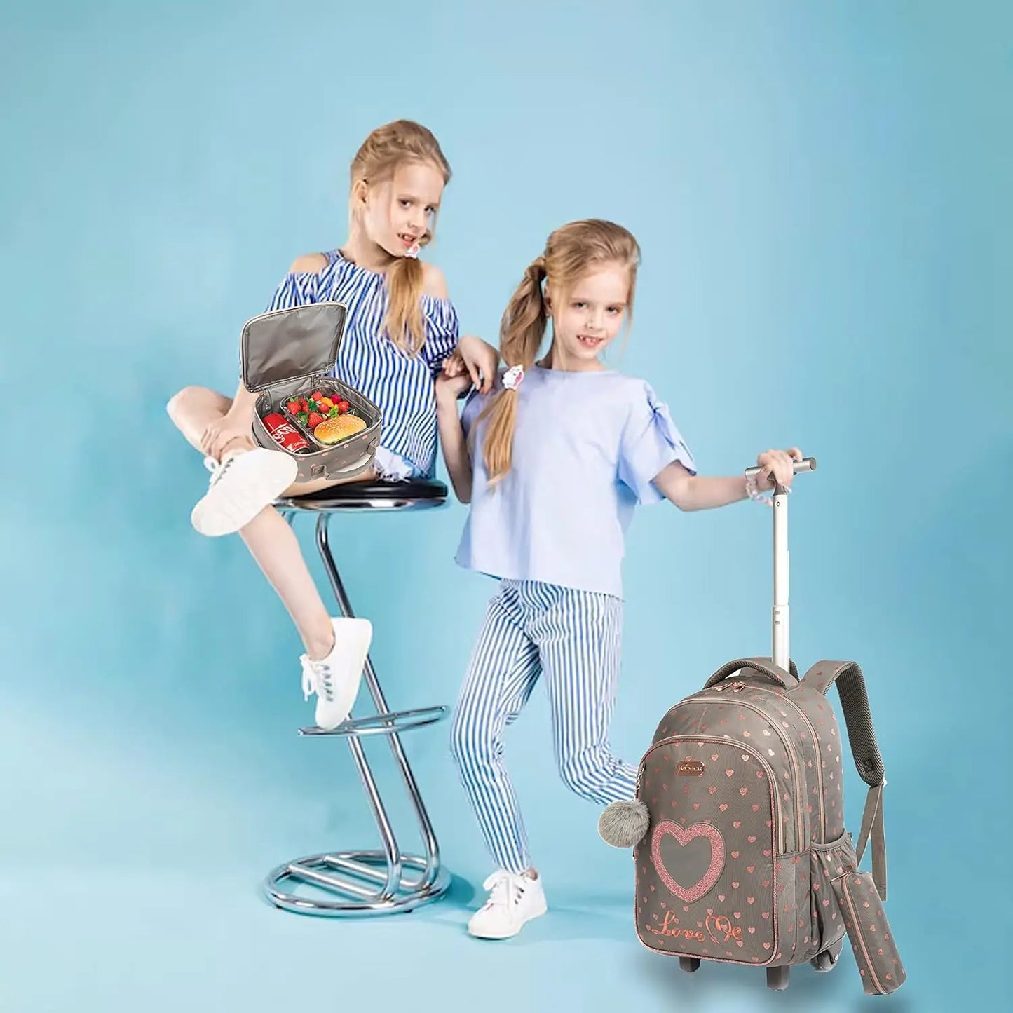 Children's Wheeled Backpack Bag Set with Lunch Box School Rolling Backpack Bag with Wheels School Trolley Backpack Bag for Girls