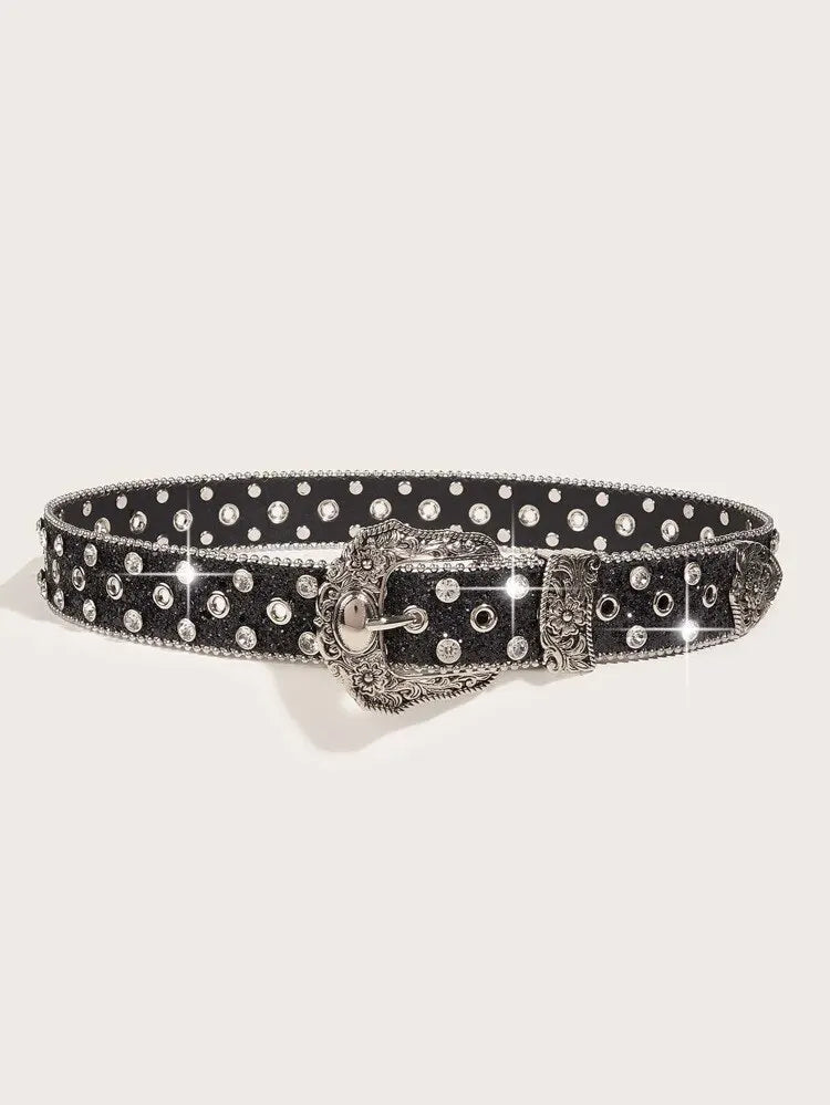 Women Sequin & Rhinestone Decor Geometric Buckle Fashion Belt For Dress Decoration