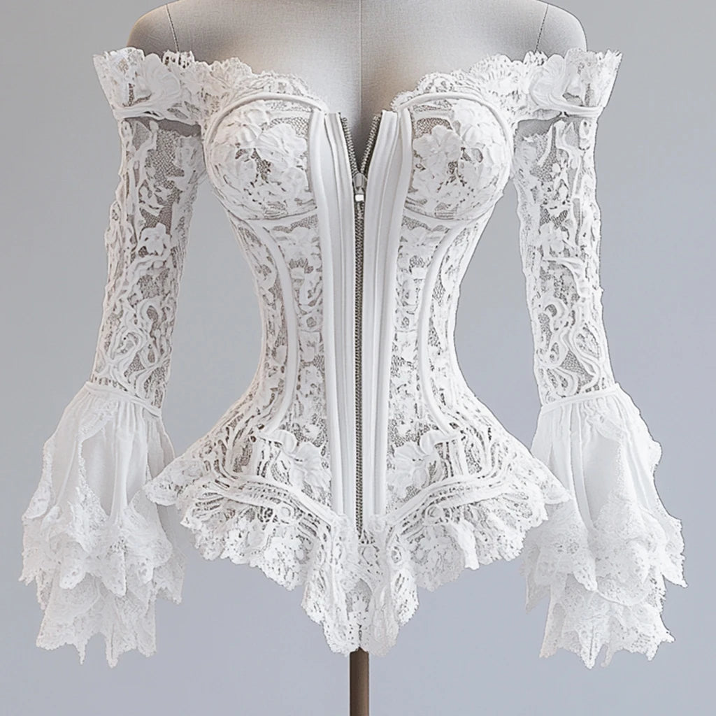 Off Shoulder Lace Blouse for Women Flare Sleeve Zipper Fly Solid Elegant Chic Sexy Hollow Out Long Sleeve Tops Irregular Hem Top