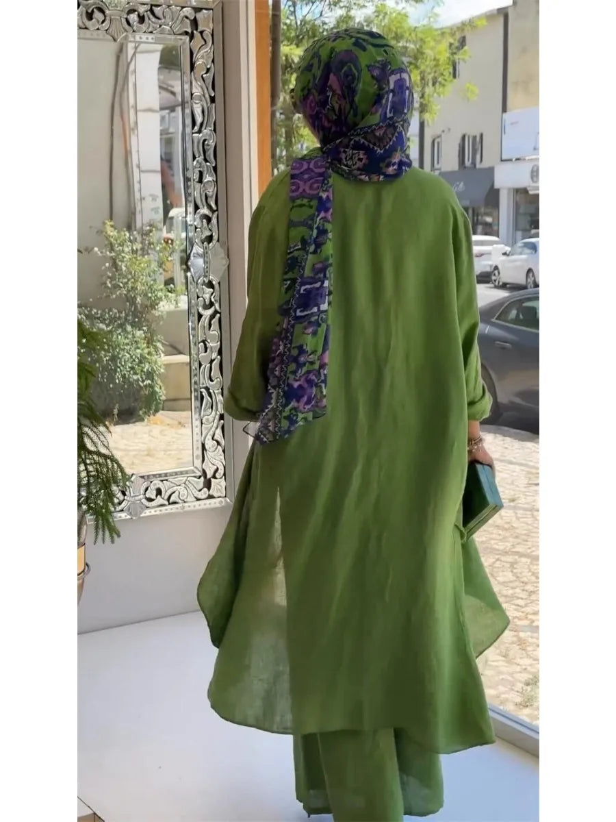 Eid Muslim Sets Women Cardigan Abaya with Pant Two Piece Set Abaya Long Shirt Wide Leg Pant Suits Ramadan Musulman Ensembles