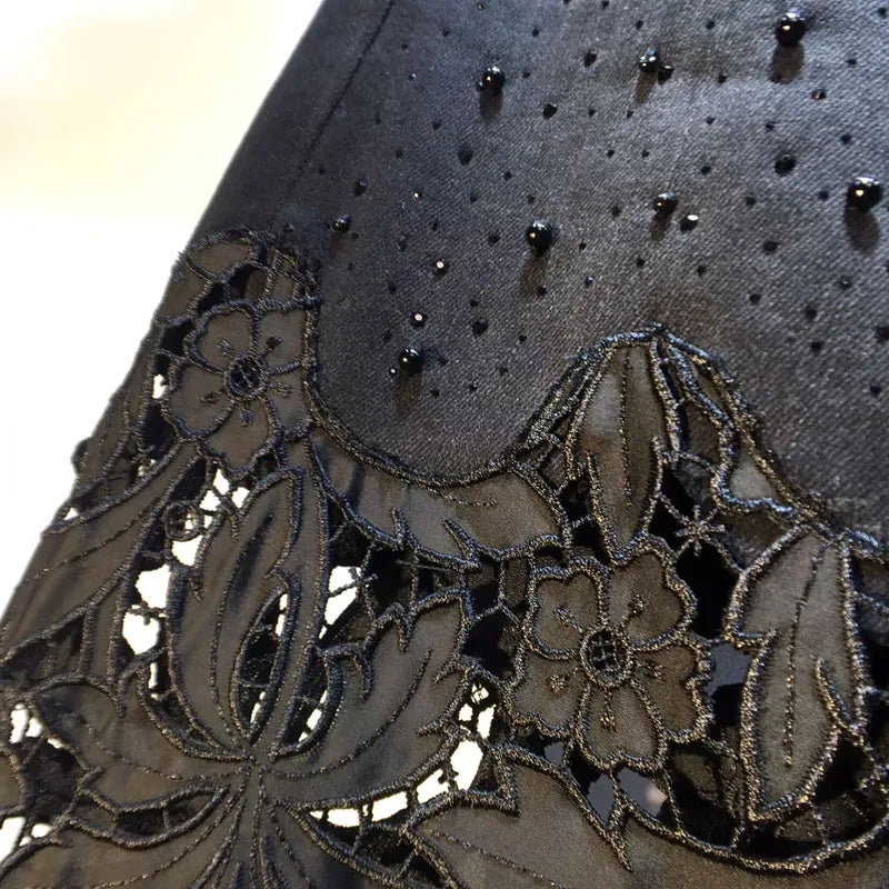 European Black Lace Denim Pants, 2025 Summer New Heavy Industry Beads Hot Diamond Denim Splicing Crochet Hollow Lace Jeans Women