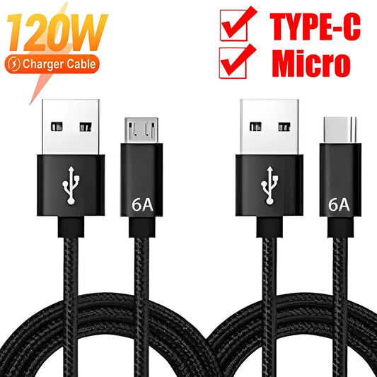 120W USB To Micro Type C Super Fast Charging Cable for Android Samsung Xiaomi Data Cable USB To TypeC Micro Charger 1M 1.5M 2M