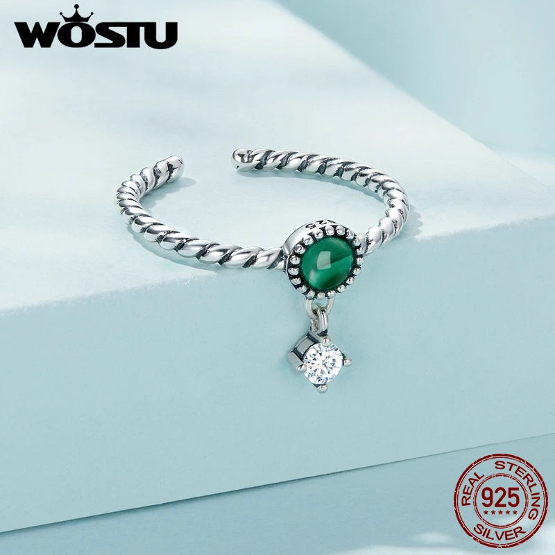 WOSTU 925 Sterling Silver Vintage Green Malachite Open Twist Rings for Women Handmade Round Natural Stone CZ Link Ring CQR853