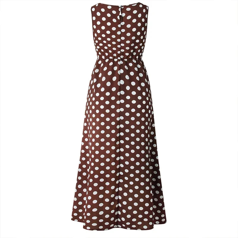 Customized Summer Sleeveless Polka Dot Print Midi Dress Casual Women Fashion Dresses A-Line Boho Elegant Brown Long Dress