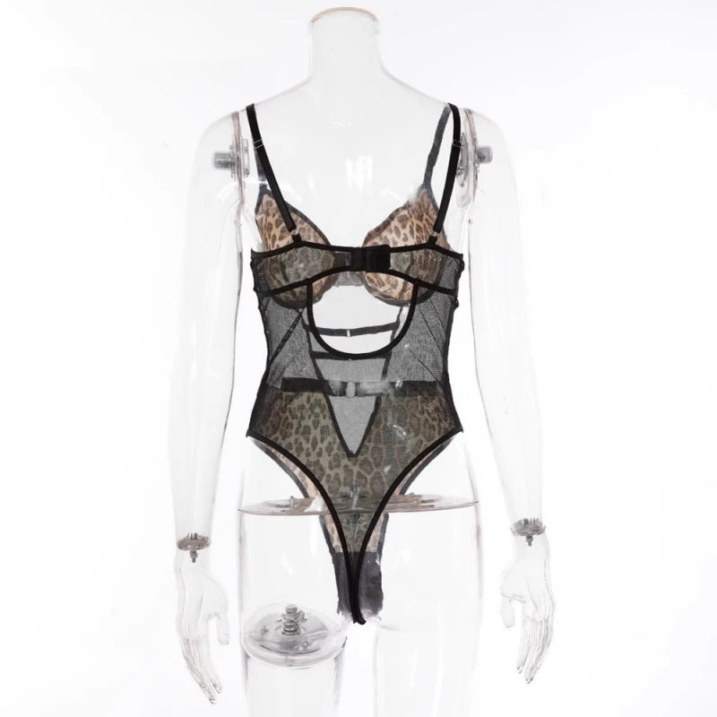 Women Sexy Lace Erotic Printed Leopard Print Hollow Out Bodysuit Breathable Bra