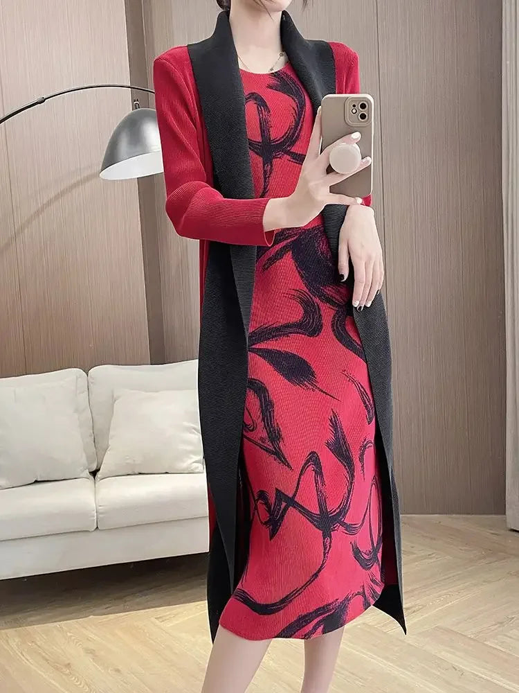 Folded Fake Two Piece Dress 2025 Spring Large Sleeves Round Neck Printed Mom's Dress  Y2k Dress
