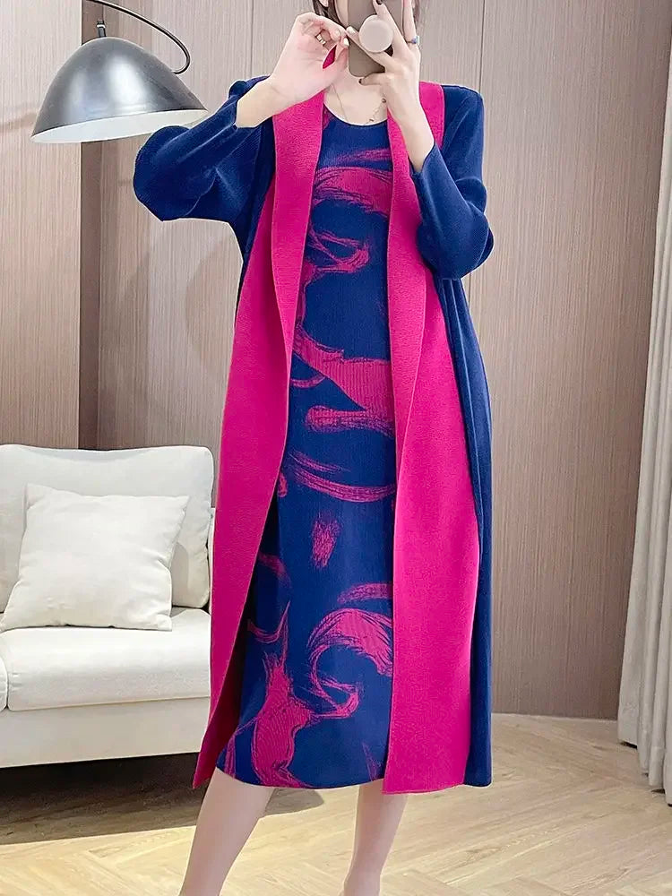 Folded Fake Two Piece Dress 2025 Spring Large Sleeves Round Neck Printed Mom's Dress  Y2k Dress