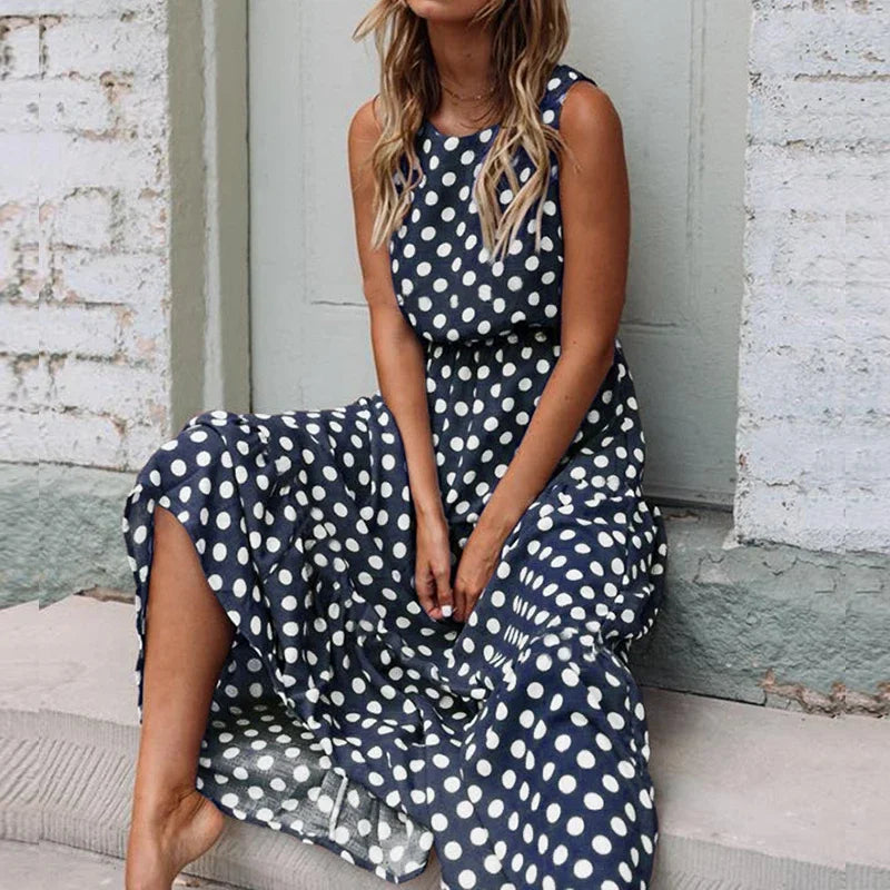 Customized Summer Sleeveless Polka Dot Print Midi Dress Casual Women Fashion Dresses A-Line Boho Elegant Brown Long Dress