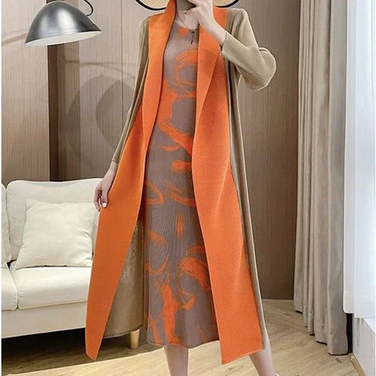 Folded Fake Two Piece Dress 2025 Spring Large Sleeves Round Neck Printed Mom's Dress  Y2k Dress