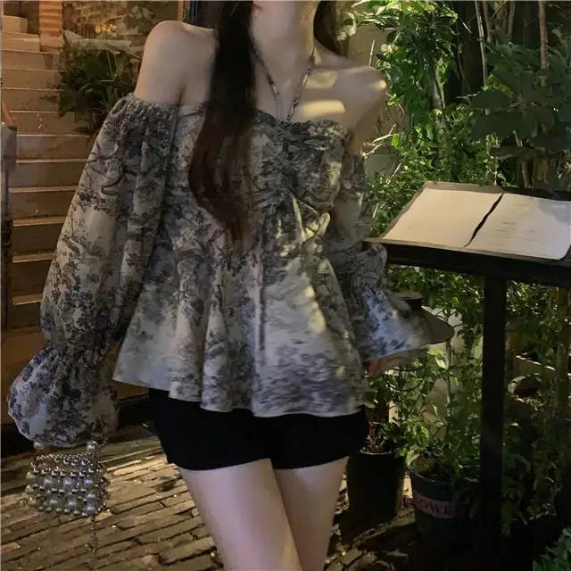 Women Sexy Off Shoulder Backless Halter Drawstring Blouse Spring Summer Trendy Print Chic Shirt Long Sleeve Slim Y2K Tops Blusas