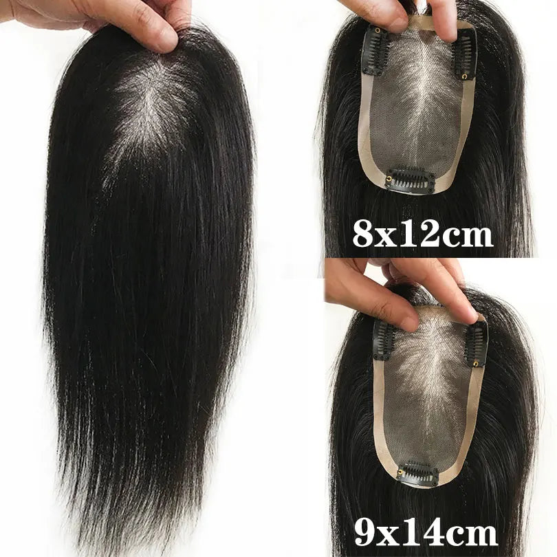 9X14CM Virgin Human Hair Toupee For Women #3 Net Straight Toppers 8x12cm Natural Black Color 8-12inch