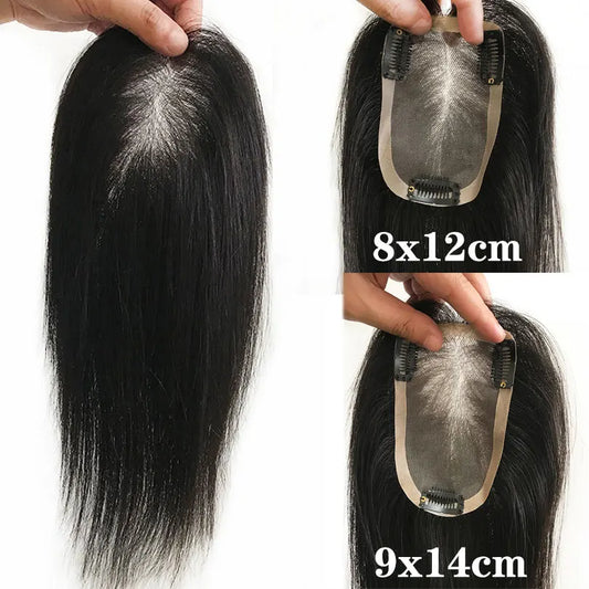 9X14CM Virgin Human Hair Toupee For Women #3 Net Straight Toppers 8x12cm Natural Black Color 8-12inch