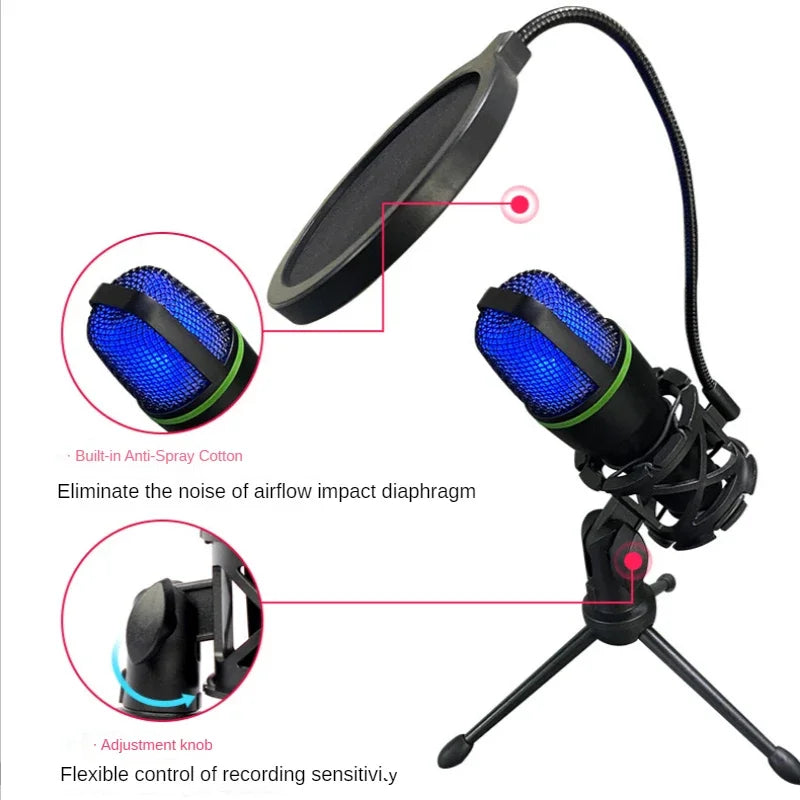 ME4 RGB Condenser Microphone USB Wired Desktop Tripod MIC For Recording Live Gaming Video Noise Reduction Conference Microphone