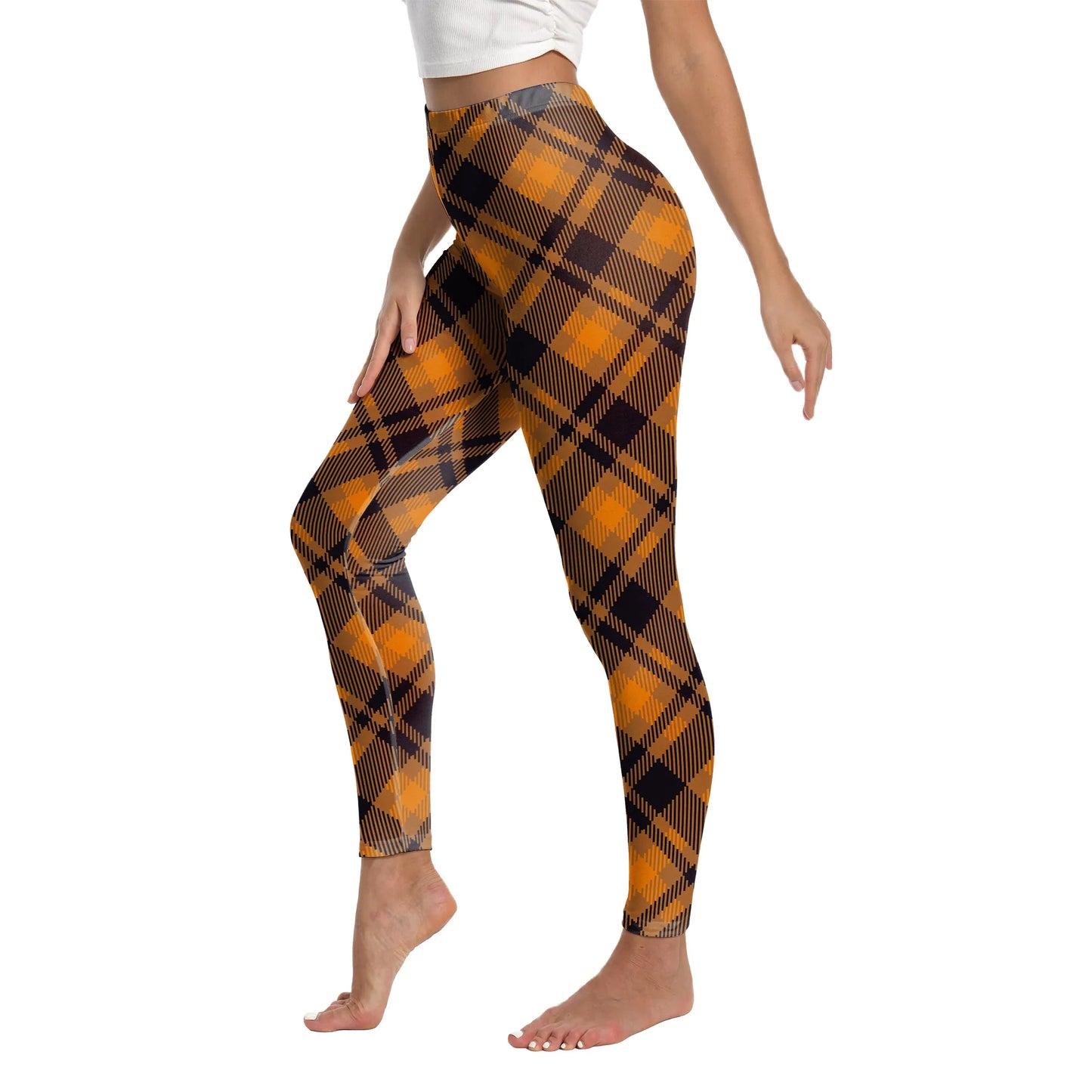 Zawaland Women Pants Yellow Tartan 3D Printing Leggings Halloween Stripe Trousers Female Elastic Tights Mid Waist Long Pants