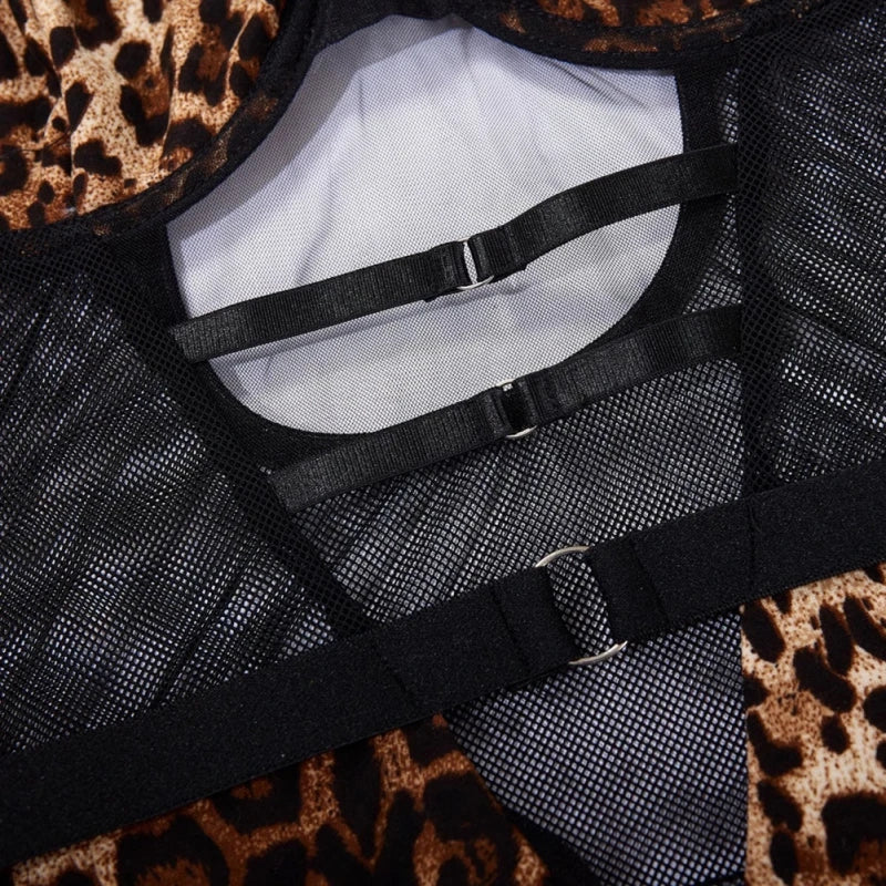 Women Sexy Lace Erotic Printed Leopard Print Hollow Out Bodysuit Breathable Bra