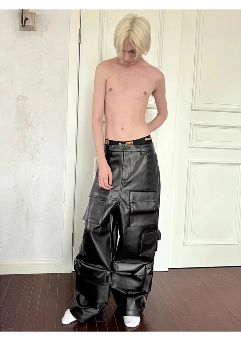 Mauroicardi Autumn Cool Black Pu Leather Straight Cargo Pants for Men Many Three-dimensional Pockets Luxury Designer Clothes