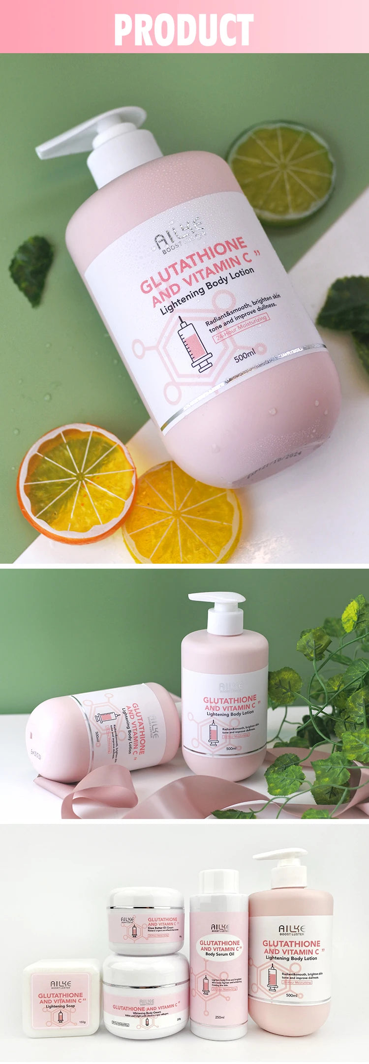 AILKE Vitamin C & Glutathione Brightening Body Lotion, Even Skin Tone, Lightening, Neck, Elbows, Armpits, Legs, Glowing Cream