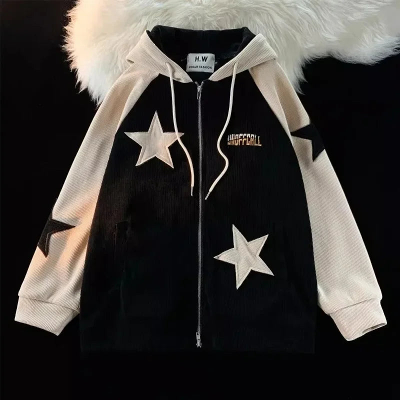 American Retro Patch Star Corduroy Jacket For Men And Women Y2k Streetwear Gothic Street Fashion Relaxed Lazy Cardigan Sweater