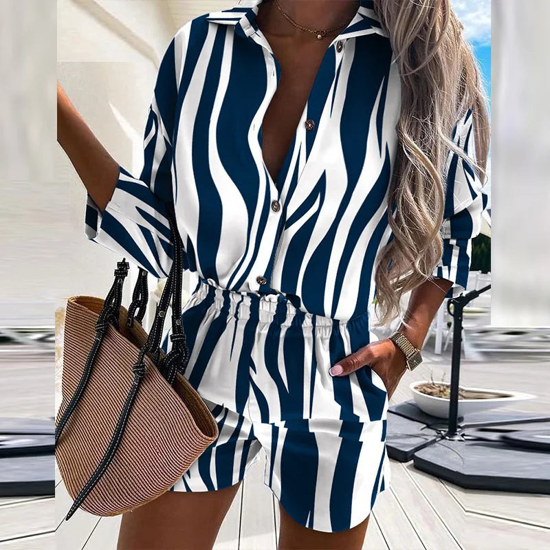 Autumn Casual Beach Outfits For Women 2024 Spring Half Sleeve Shirts Tops And Shorts 2 Piece Set Leopard Print Two Piece Sets