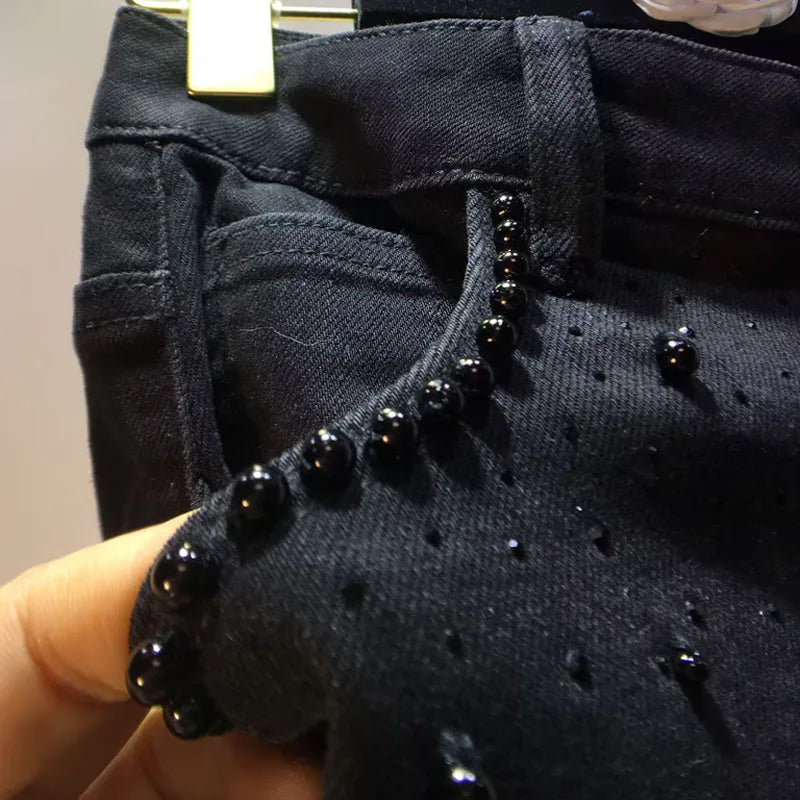 European Black Lace Denim Pants, 2025 Summer New Heavy Industry Beads Hot Diamond Denim Splicing Crochet Hollow Lace Jeans Women