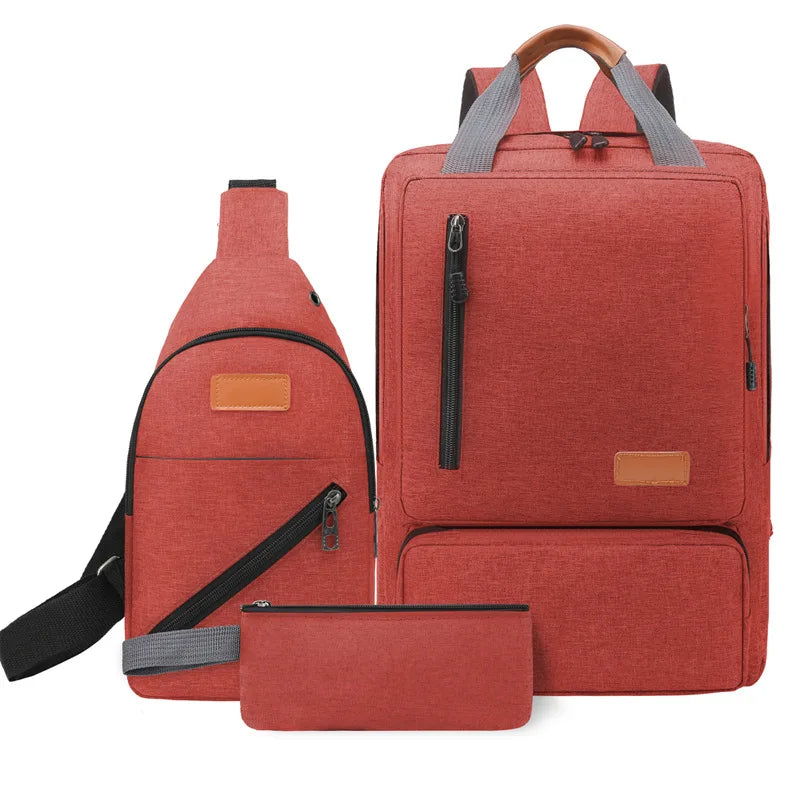 Fashionable Unisex Three-Piece Shoulder Bag Crossbody Chest Bag Lightweight Waterproof Computer Backpack Pure Colour Oxford Mate