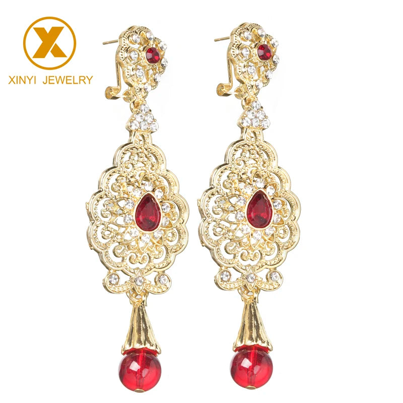 Light Luxury Set Drop Gemstone Cutout Design Earrings Moroccan Girls Gold-Plated Earrings Pendant Bride Wedding jewelry