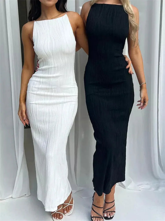 Women's Long Ruched Dress Sleeveless Slim Monochromatic Party Back Split Clubwear Female Outfits Summer Sexy 2024