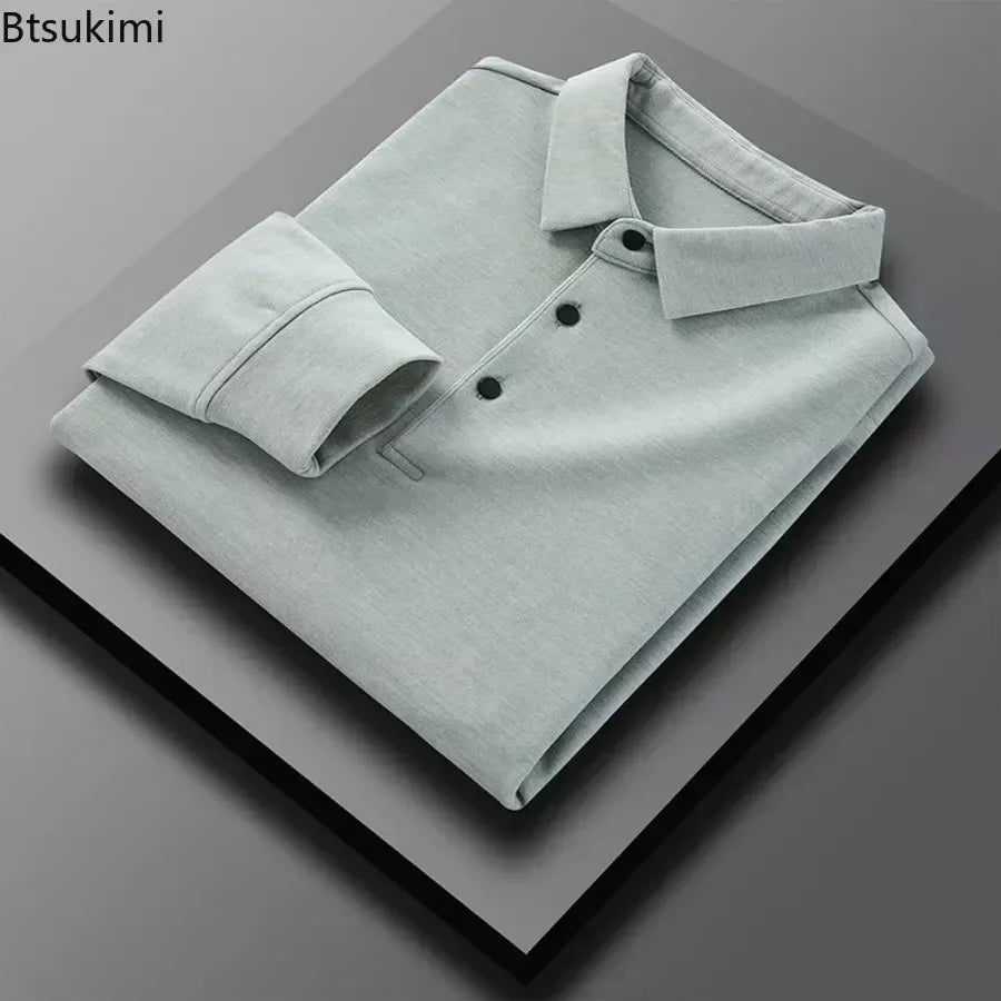 2024 Men's Casual Warm Shirts Tops Solid Autumn Winter Thick Long Sleeve Polo Shirts Male T-Shirt Business Formal Basic Shirts
