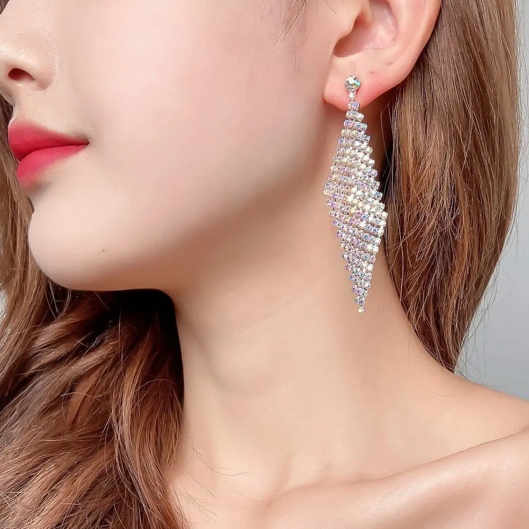 Shiny Multicolored Crystal Long Drop Earrings For Women Brides Classic Geometry Square Dangle Earring Wedding Party Jewelry Gift