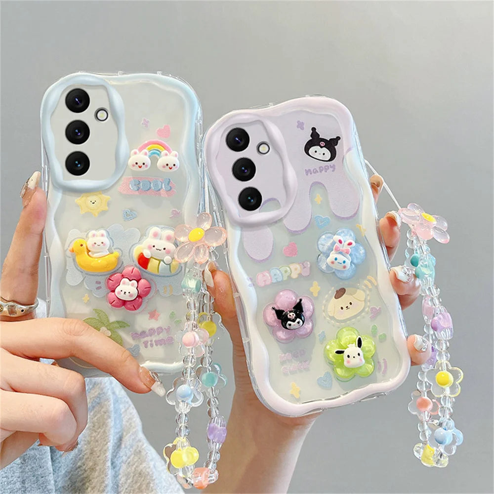 Kuromi Rabbit Phone Case For Samsung Galaxy A10S A71 A72 A73 F04 F12 F54 M04 M12 M22 M32 M54 5G Flowers Wrist Strap Curly Cover