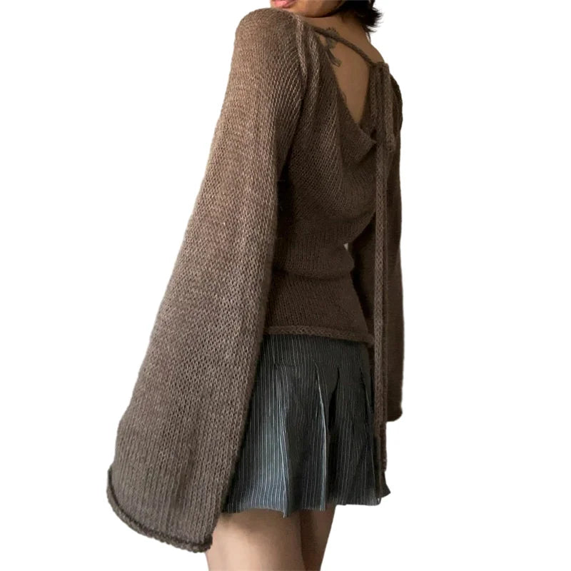 Women's Tie Back Sweaters Autumn Winter Flared Long Sleeve Off Shoulder Solid Color Knitted Tops Casual Streetwear Pullovers