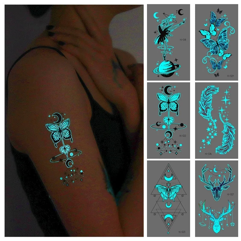Blue Luminous Tattoo Sticker Deer Glowing Snake Waterproof Temporary Tatoo Camping Glow Fake Tatto Body Art Women Men Club Party