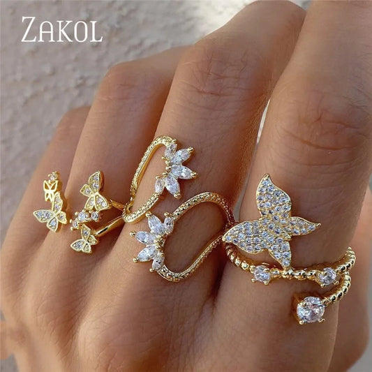 ZAKOL Cute Style White Color CZ Zirconia Leaf Open Rings Geometric Adjustable Ring Jewelry for Women Party Gift RP2015