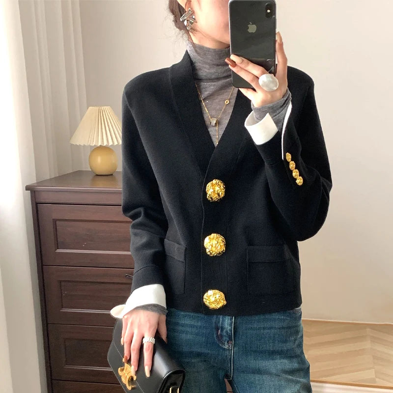Luxury Designer Brand V-neck Knit Cardigan Sweater Coat Women Tops Fashion Elegant Chic 2024 Spring Autumn Clothing Y2k Clothes