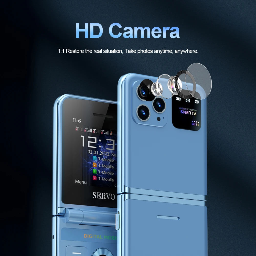 SERVO Flip6 GSM Fold Mobile Phone 4 SIM Card 2.4'' Screen Auto Call Record Button Torch Speed Dial Magic Voice Popular Cellphone