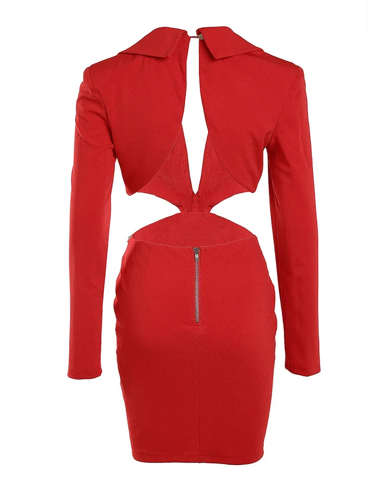 Elegant Sexy Dresses for Women Summer Style Backless Long Sleeved V-neck Collar Hollow Chain Tight Party Banquet Dress