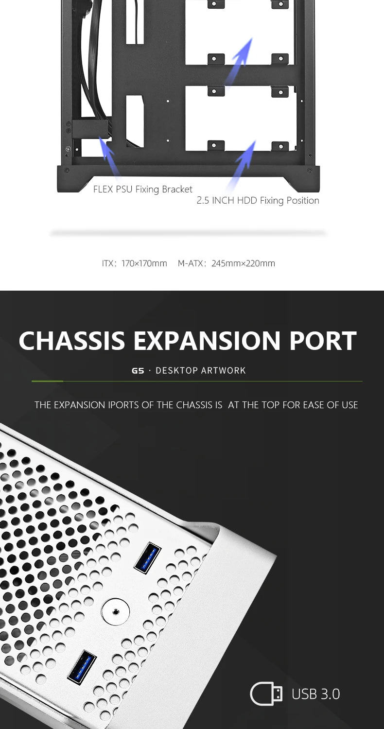 METALFISH G5 Computer Case PC Gamer Micro ATX HTPC Case Desktop Gaming All-aluminum Slim Chassis Supports Knife Card FLEX Power